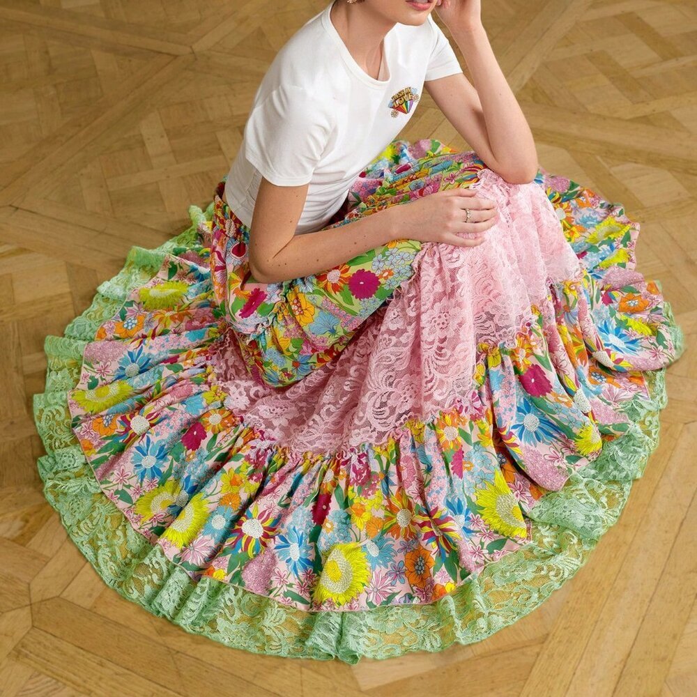 Multicolor Boho Women's Floral Print Contrast Lace A-Line Skirt - Picture 9 of 9